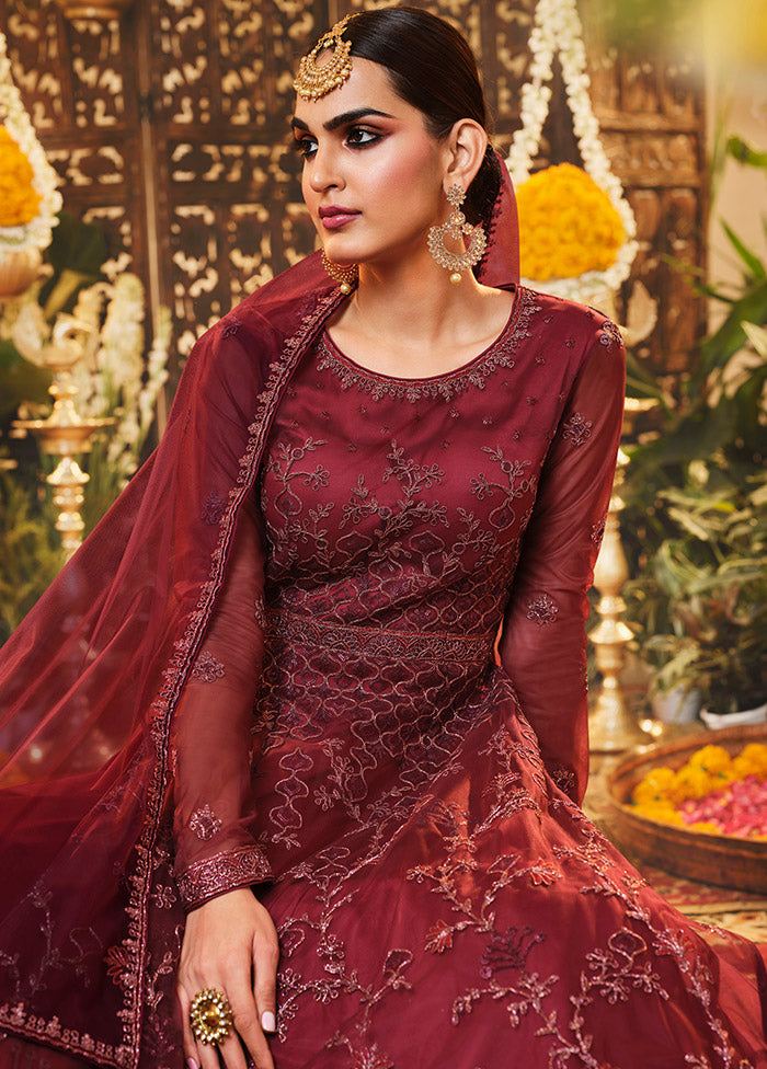 3 Pc Maroon Semi Stitched Net Suit Set