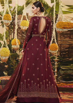 3 Pc Semistitched Maroon Suit Set With Dupatta VDSL0190622 - Indian Silk House Agencies