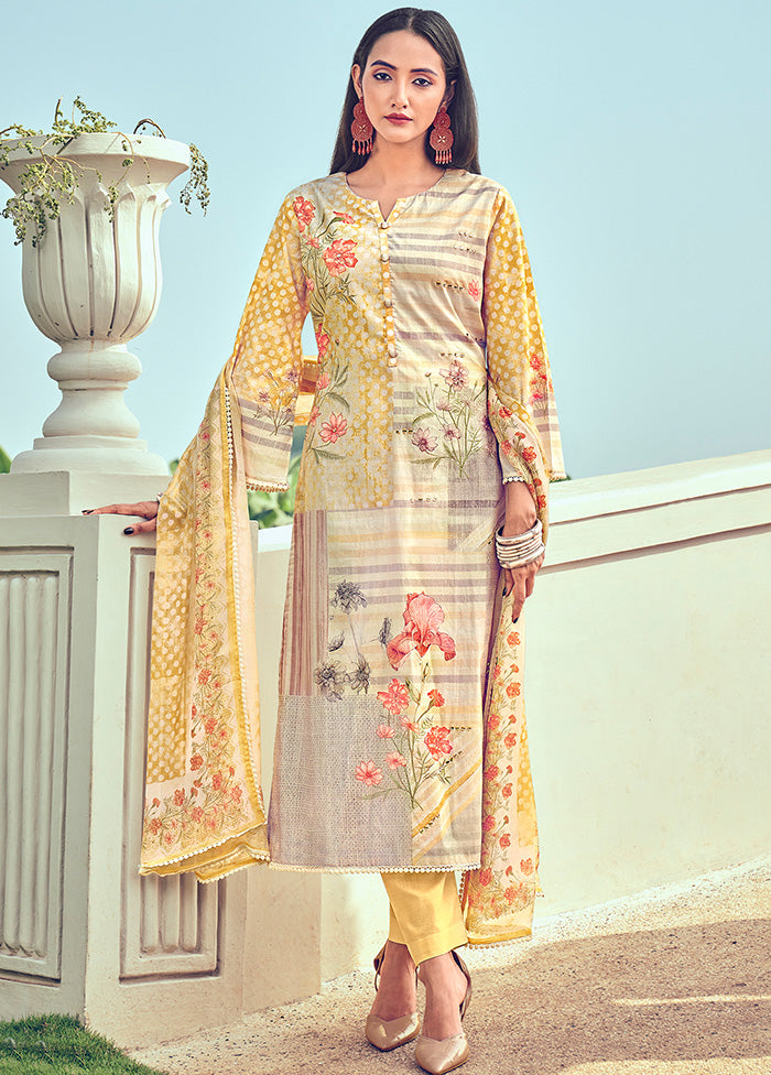 3 Pc Yellow Unstitched Cotton Suit Set