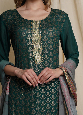 3 Pc Green Unstitched Silk Suit Set