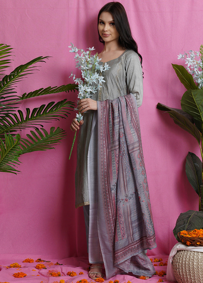 3 Pc Unstiched Grey Salwar Suit Set With Dupatta VDSL0040622 - Indian Silk House Agencies