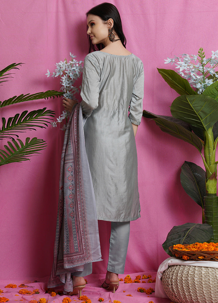 3 Pc Unstiched Grey Salwar Suit Set With Dupatta VDSL0040622 - Indian Silk House Agencies