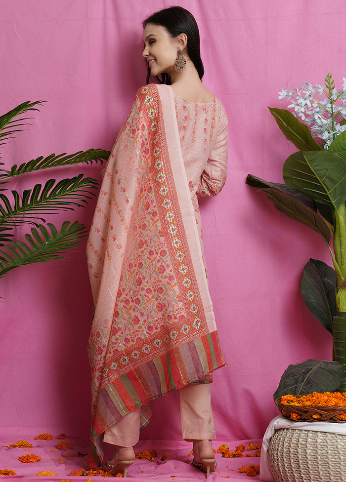 3 Pc Peach Unstitched Silk Suit Set