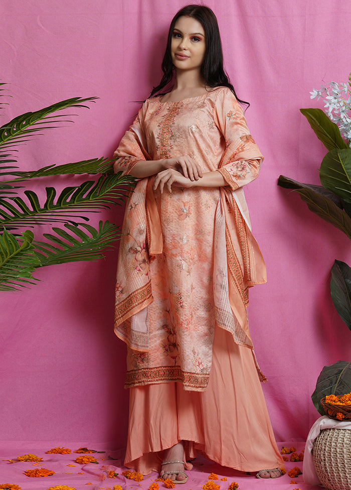 3 Pc Peach Unstitched Silk Suit Set