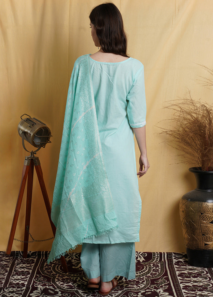 3 Pc Aqua Green Unstitched Suit Set With Dupatta VDSL001210622 - Indian Silk House Agencies