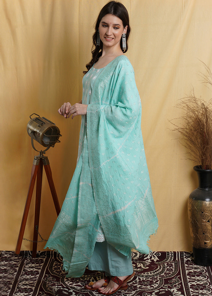 3 Pc Aqua Green Unstitched Suit Set With Dupatta VDSL001210622 - Indian Silk House Agencies