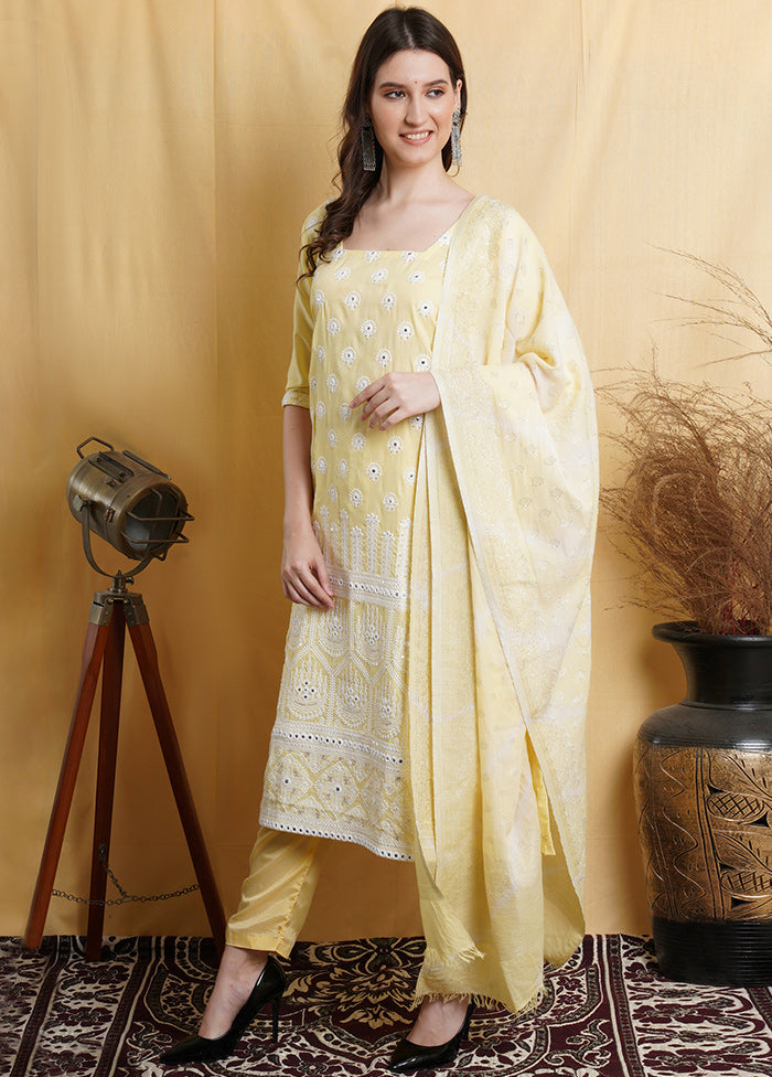 3 Pc Light Yellow Unstitched Suit Set With Dupatta VDSL001210624 - Indian Silk House Agencies