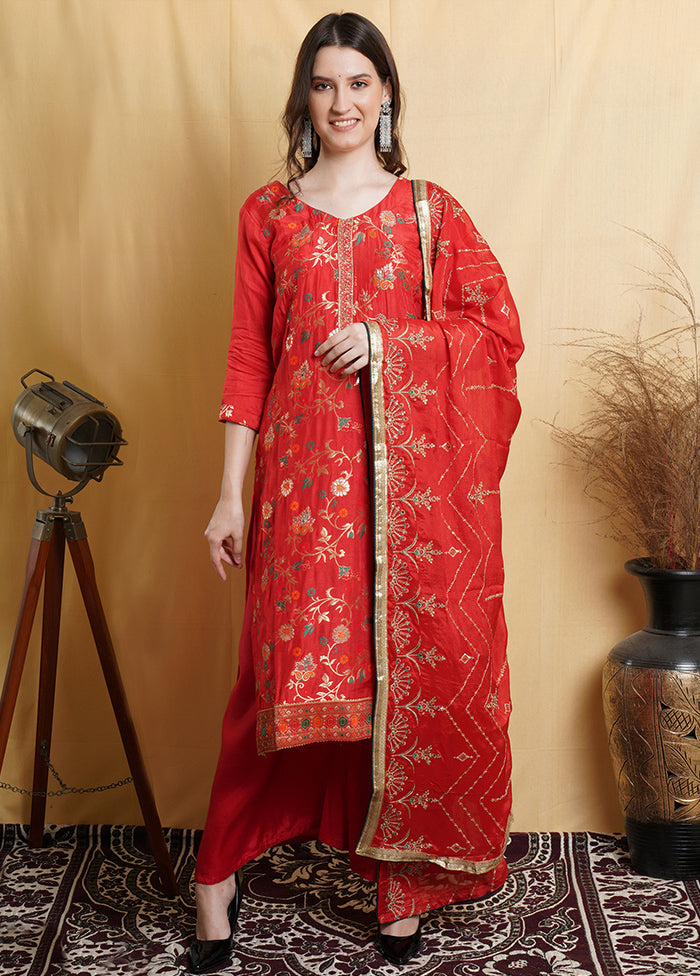 3 Pc Red Unstitched Silk Suit Set