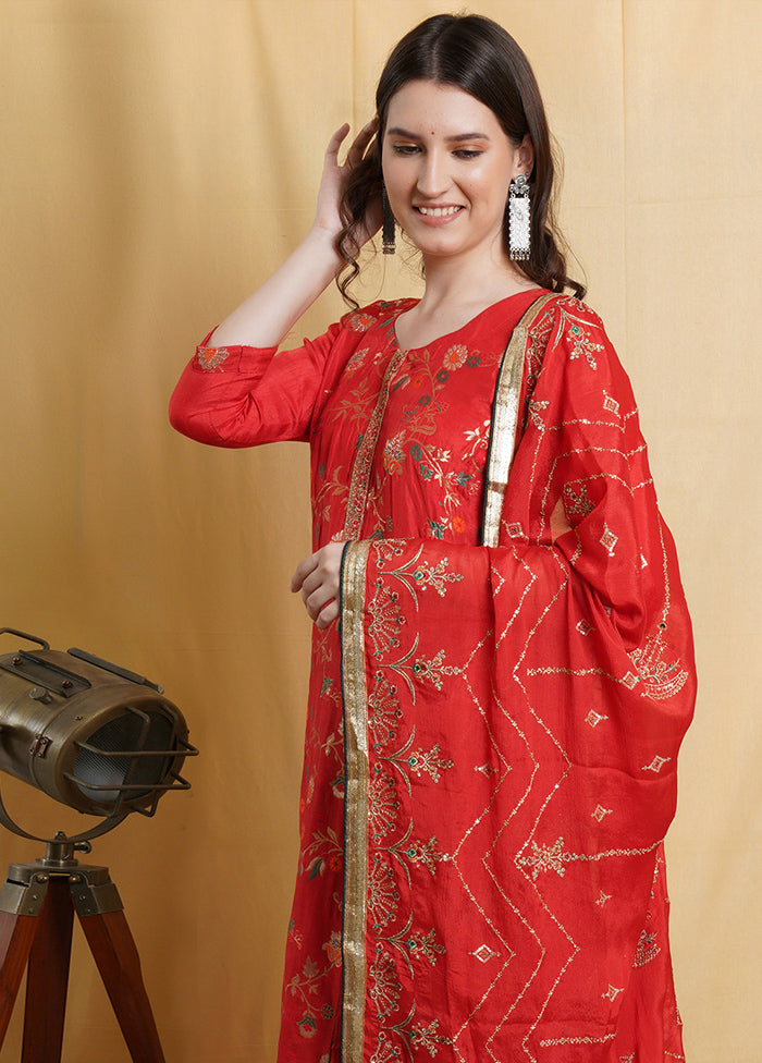 3 Pc Red Unstitched Silk Suit Set