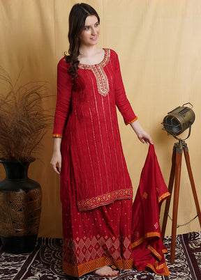 3 Pc Red Chiffon Unstitched Suit Set With Dupatta VDSL001230628 - Indian Silk House Agencies