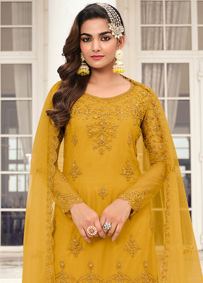 3 Pc Yellow Unstitched Net Suit Set