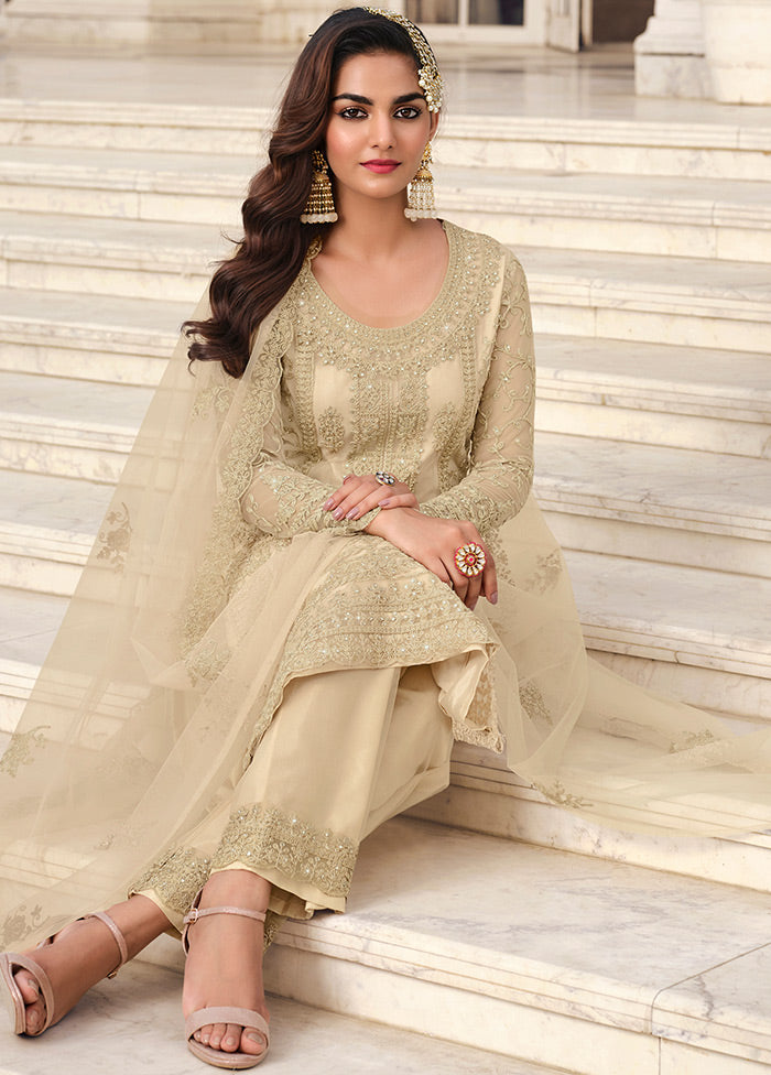 3 Pc Cream Unstitched Net Suit Set