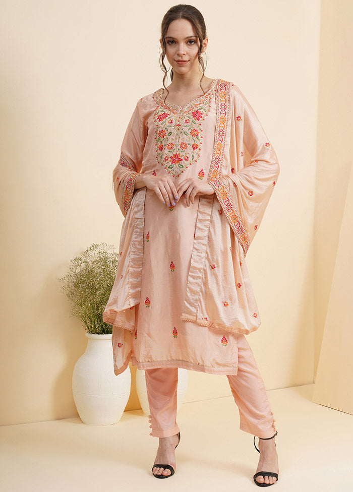 3 Pc Peach Unstitched Silk Suit Set With Dupatta VDSL10030722 - Indian Silk House Agencies