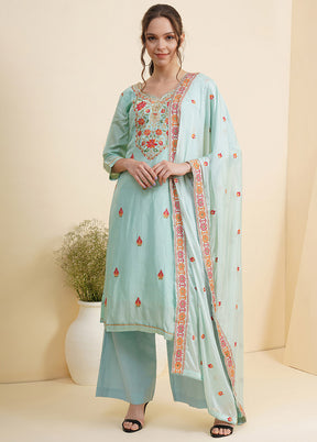 3 Pc Blue Unstitched Silk Suit Set With Dupatta VDSL10030723 - Indian Silk House Agencies
