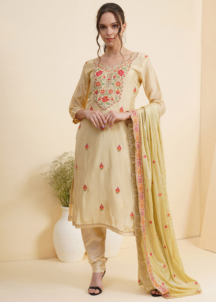3 Pc Yellow Unstitched Silk Suit Set With Dupatta VDSL10030724 - Indian Silk House Agencies