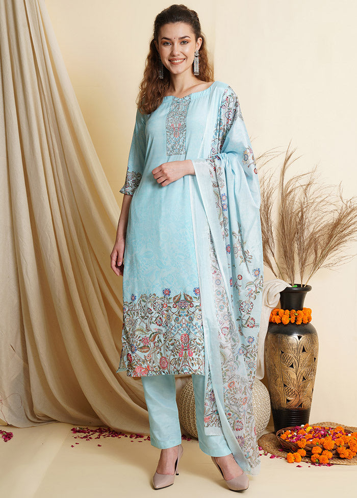 3 Pc Sky Blue Unstitched Silk Suit Set With Dupatta VDSL100010830 - Indian Silk House Agencies