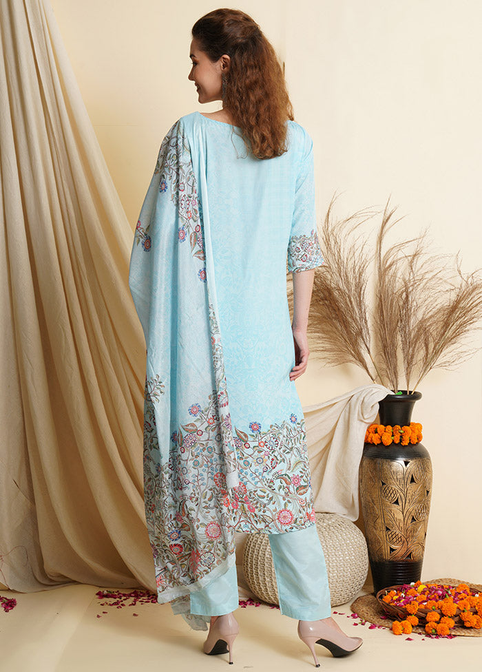 3 Pc Sky Blue Unstitched Silk Suit Set With Dupatta VDSL100010830 - Indian Silk House Agencies