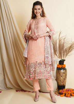 3 Pc Peach Unstitched Silk Suit Set