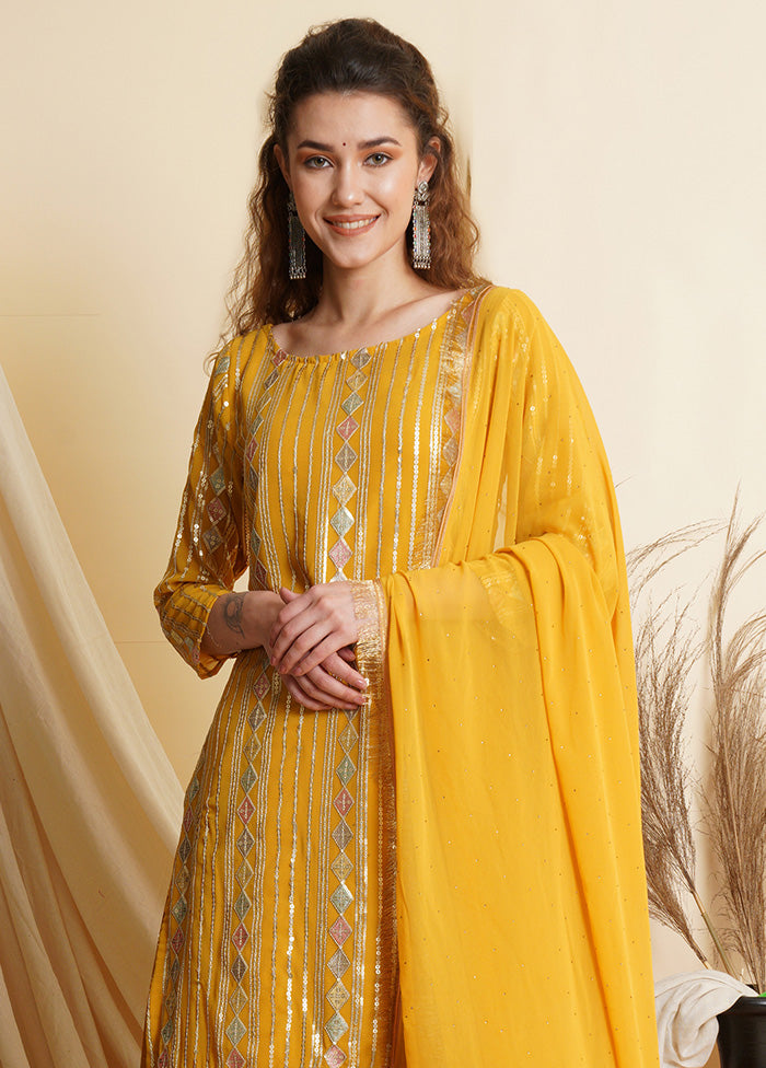 3 Pc Yellow Unstitched Georgette Suit Set