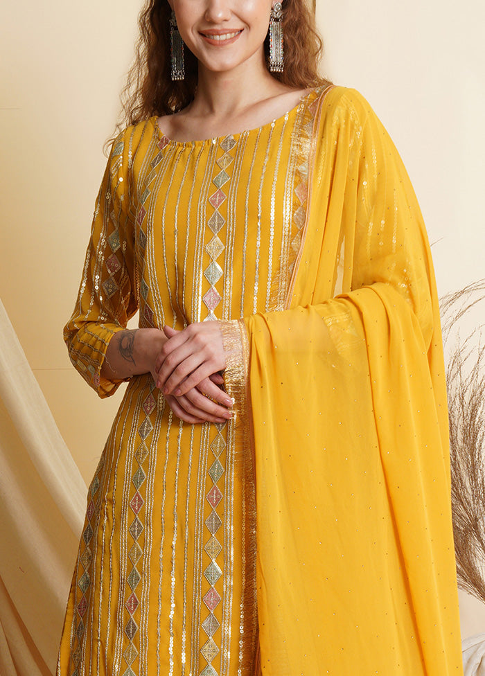 3 Pc Yellow Unstitched Georgette Suit Set