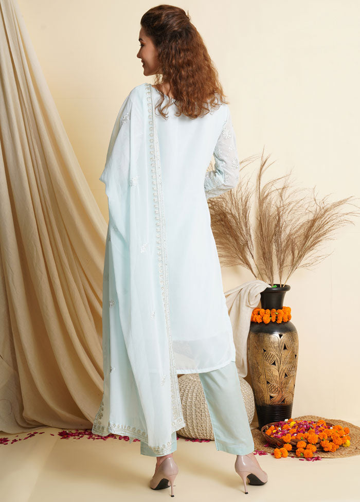 3 Pc Sky Blue Georgette Thread Work Unstitched Suit Set VDSL001080832 - Indian Silk House Agencies