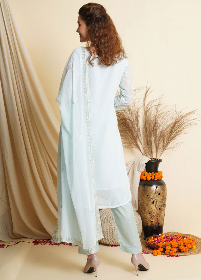 3 Pc Sky Blue Unstitched Georgette Suit Set