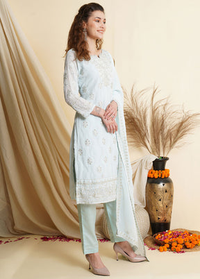 3 Pc Sky Blue Unstitched Georgette Suit Set