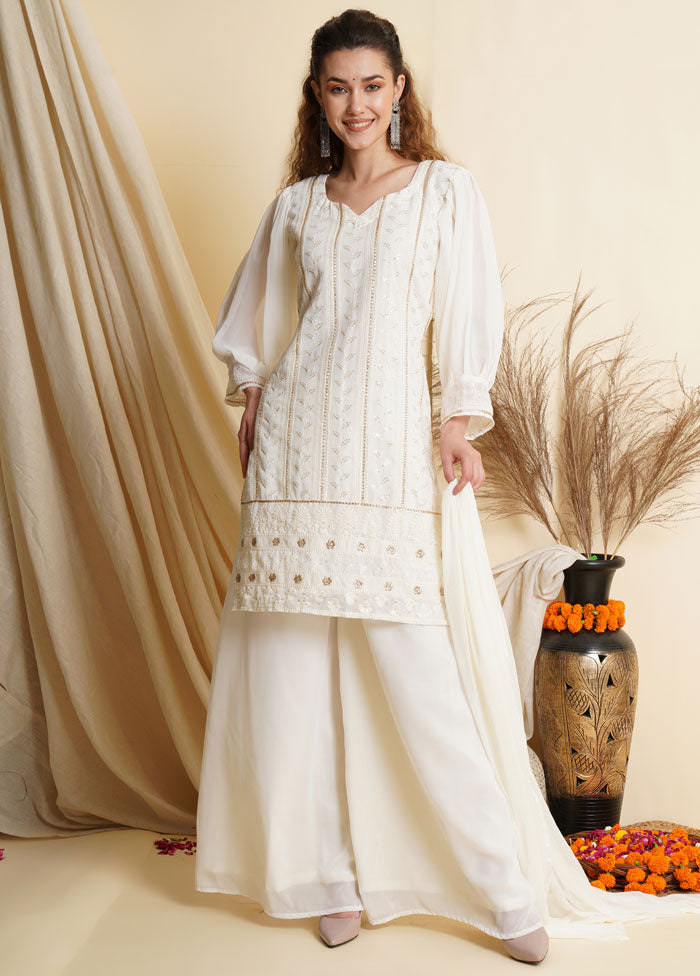 3 Pc Off White Georgette Unstitched Suit Set VDSL001080833 - Indian Silk House Agencies
