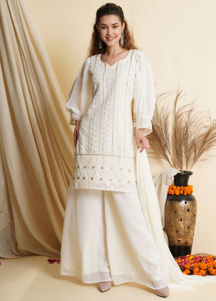 3 Pc Off White Unstitched Georgette Suit Set