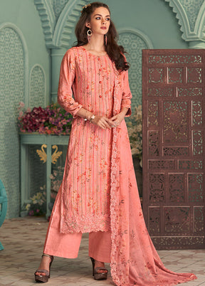 3 Pc Peach Unstitched Silk Suit Set With Dupatta VDSL10030729 - Indian Silk House Agencies