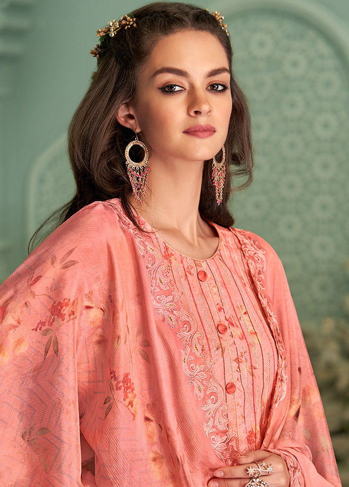 3 Pc Peach Unstitched Pure Silk Suit Set