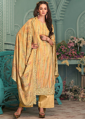 3 Pc Yellow Unstitched Pure Silk Suit Set