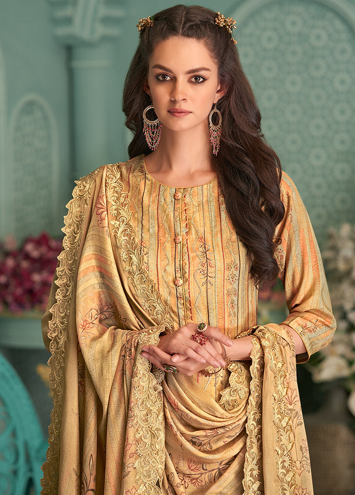 3 Pc Yellow Unstitched Pure Silk Suit Set