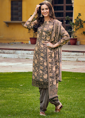 3 Pc Grey Unstitched Crepe Suit Set With Dupatta VDSL100230824 - Indian Silk House Agencies