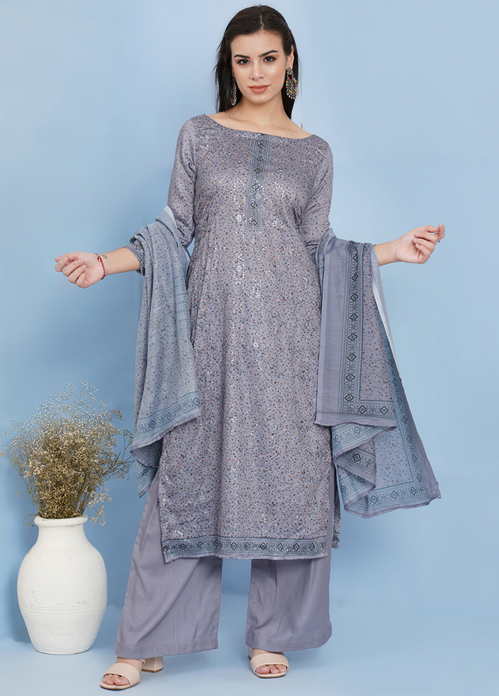 3 Pc Grey Unstitched Suit Set With Dupatta VDSL79229 - Indian Silk House Agencies