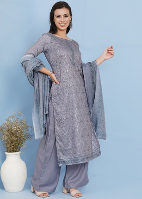 3 Pc Grey Unstitched Suit Set With Dupatta VDSL79229 - Indian Silk House Agencies