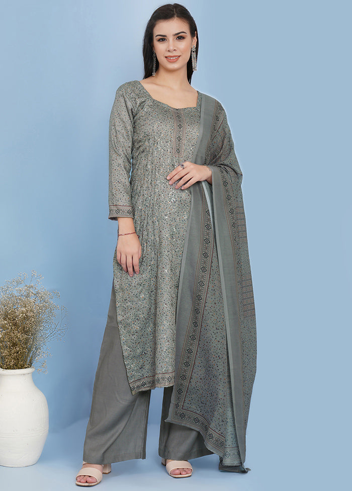 3 Pc Grey Unstitched Suit Set With Dupatta VDSL79231 - Indian Silk House Agencies