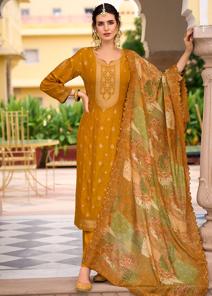 3 Pc Mustard Unstitched Silk Suit Set With Dupatta VDSL129224 - Indian Silk House Agencies