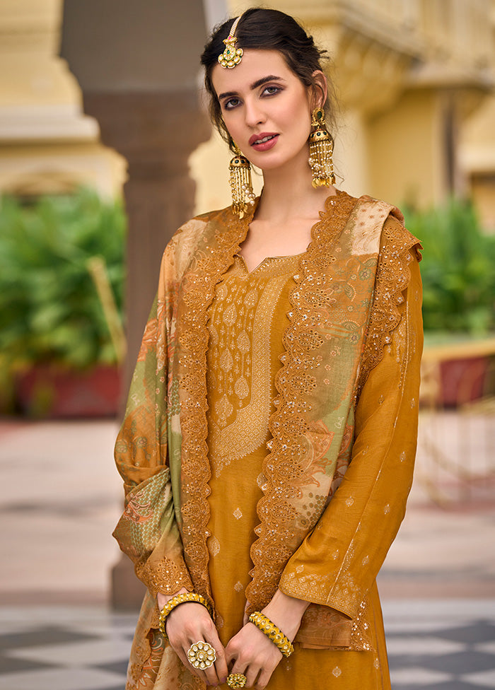 3 Pc Mustard Unstitched Silk Suit Set With Dupatta VDSL129224 - Indian Silk House Agencies