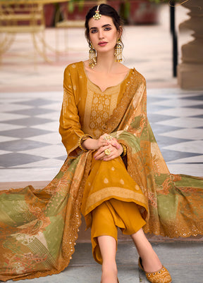 3 Pc Mustard Unstitched Silk Suit Set With Dupatta VDSL129224 - Indian Silk House Agencies