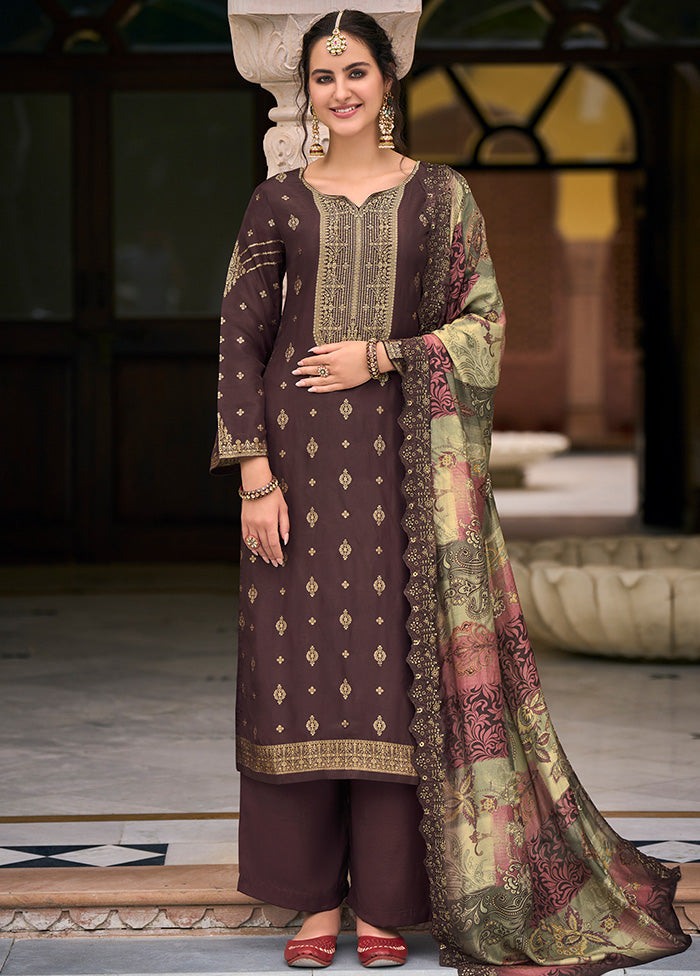 3 Pc Brown Unstitched Silk Suit Set With Dupatta VDSL129227 - Indian Silk House Agencies