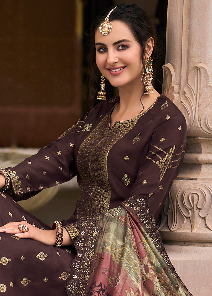 3 Pc Brown Unstitched Silk Suit Set With Dupatta VDSL129227 - Indian Silk House Agencies