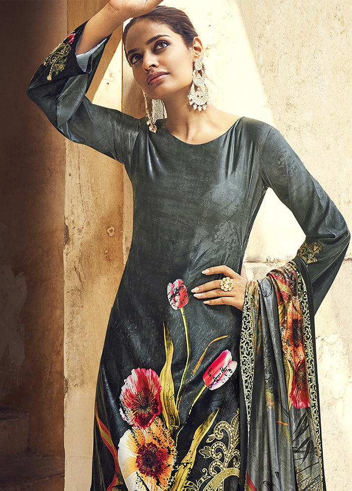 3 Pc Grey Unstitched Velvet Suit Set With Dupatta VDSL610233 - Indian Silk House Agencies