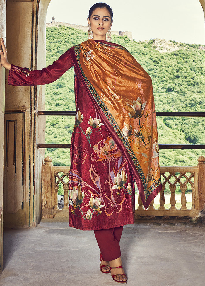 3 Pc Red Unstitched Velvet Suit Set With Dupatta VDSL610234 - Indian Silk House Agencies