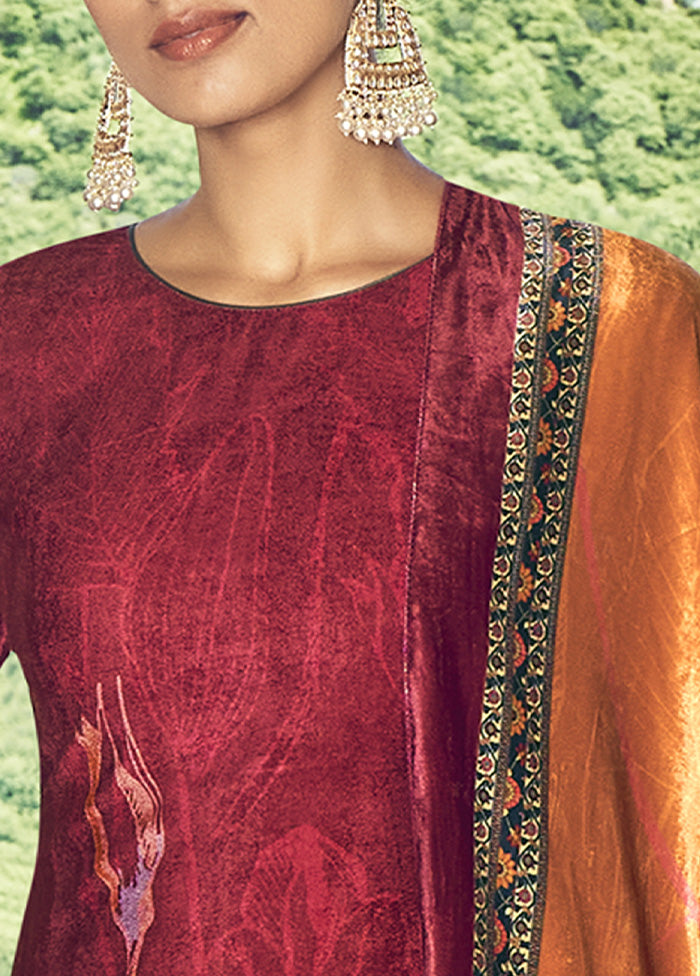 3 Pc Red Unstitched Velvet Suit Set With Dupatta VDSL610234 - Indian Silk House Agencies
