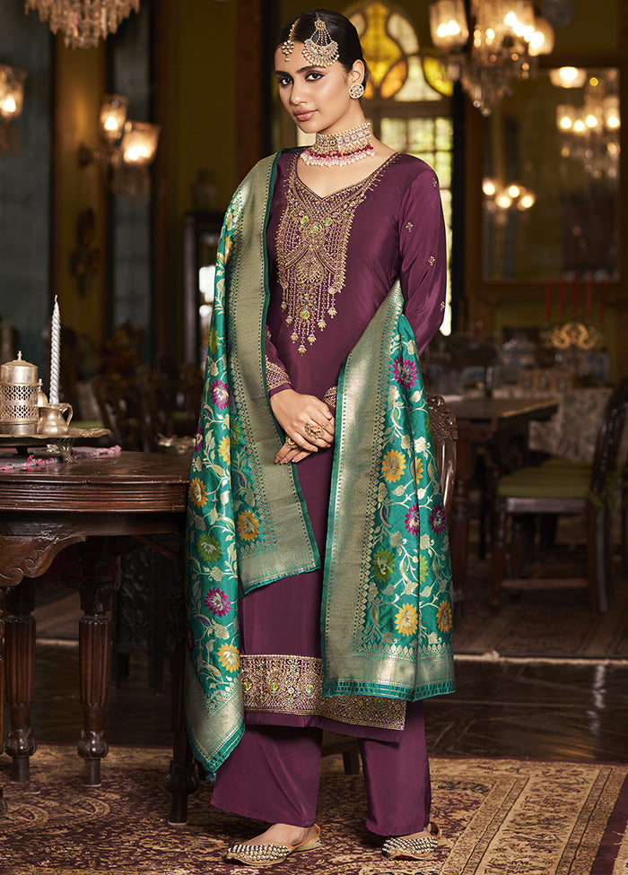 3 Pc Purple Unstitched Silk Suit Set With Dupatta VDSL1110223 - Indian Silk House Agencies