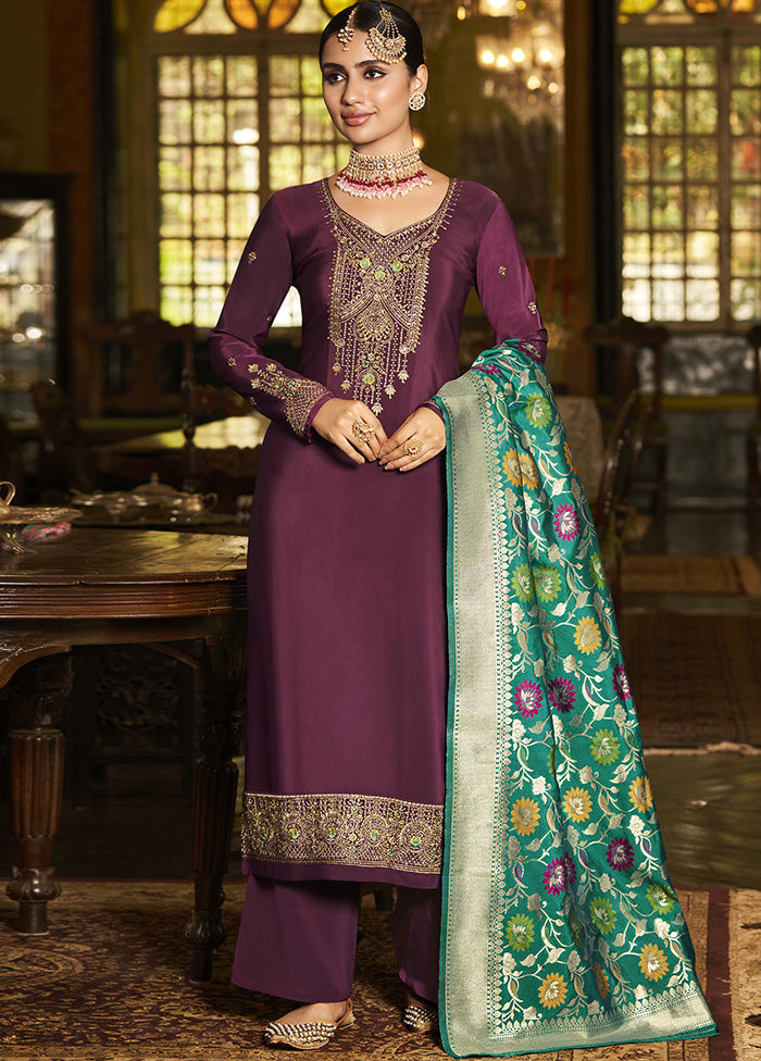 3 Pc Purple Unstitched Silk Suit Set With Dupatta VDSL1110223 - Indian Silk House Agencies