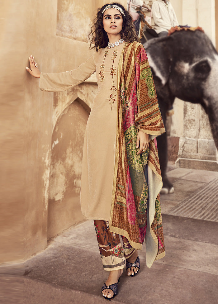 3 Pc Beige Unstitched Velvet Suit Set With Dupatta VDSL1110229 - Indian Silk House Agencies