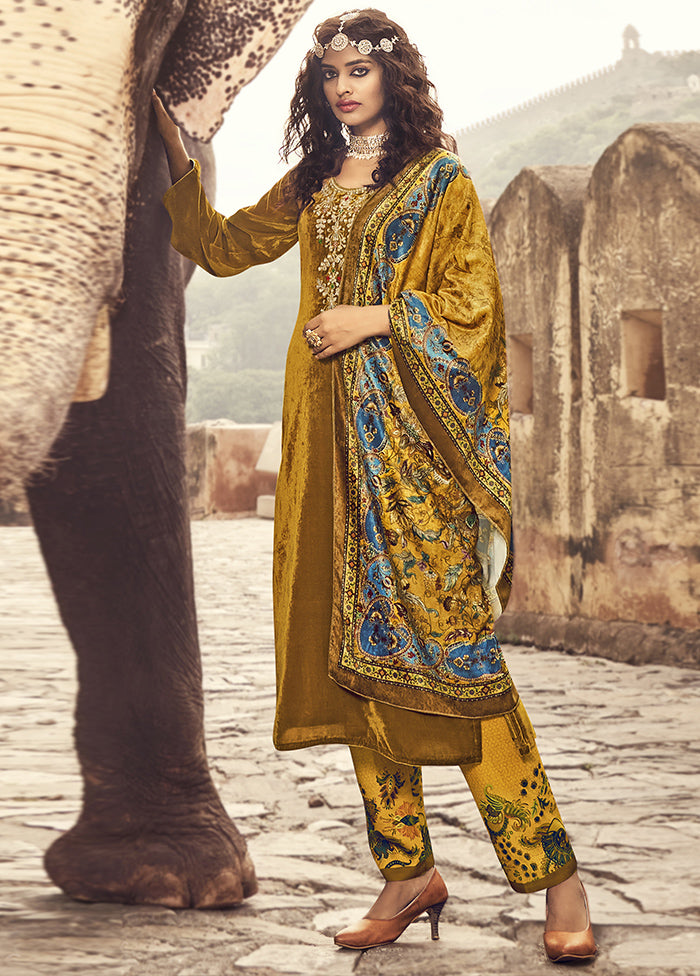 Mustard Unstitched Velvet Zardosi Suit Set With Dupatta VDSL1110232 - Indian Silk House Agencies