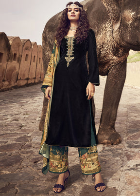 3 Pc Black Unstitched Velvet Suit Set With Dupatta VDSL1110234 - Indian Silk House Agencies